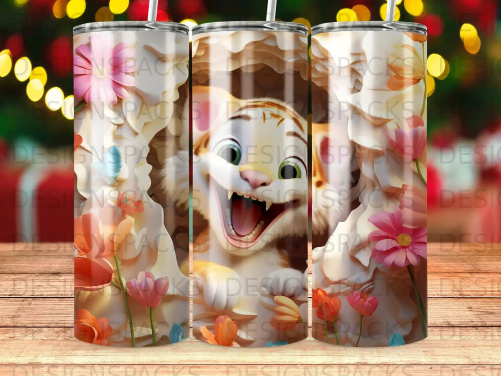 Orange tabby cat with mouth open and cartoon flowers on a patterned tumbler.