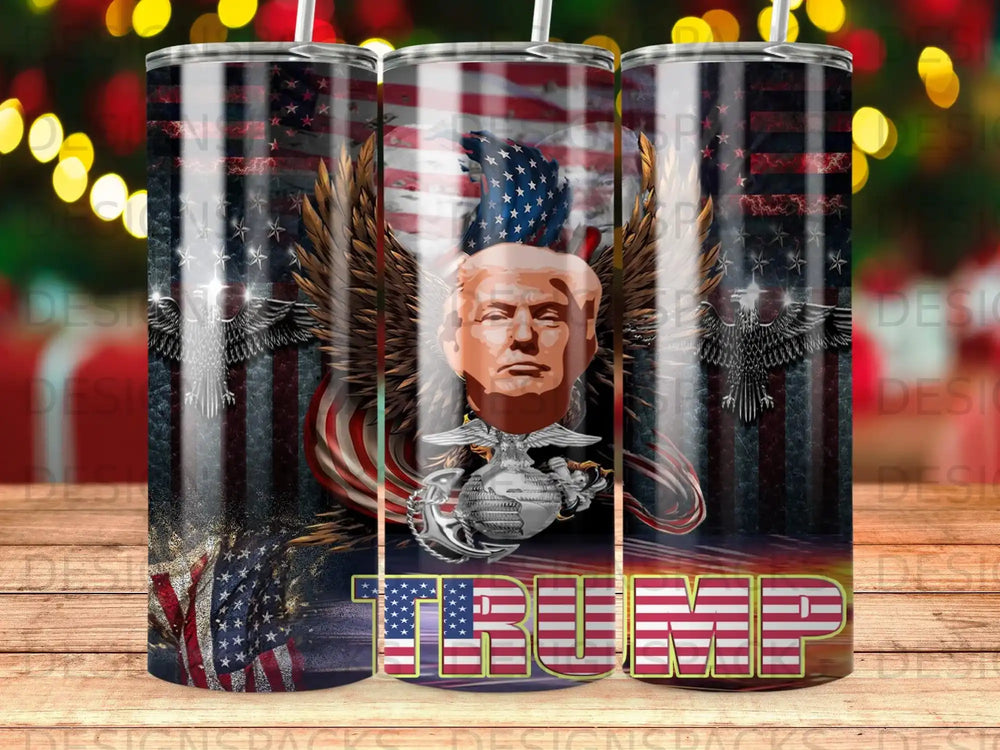 US flag, eagle, and Donald Trump graphic on a tumbler.