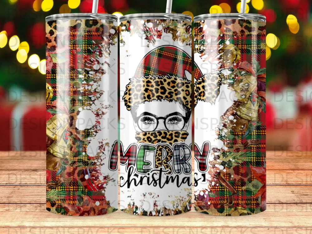 Tumbler with plaid, leopard print, and "Merry Christmas" text.