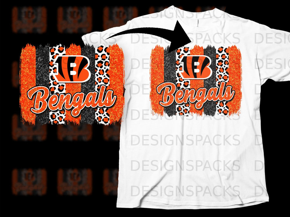 Cincinnati Bengals logo with leopard print and orange brush strokes.