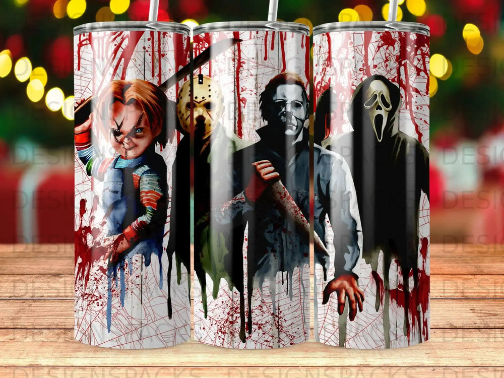 Horror movie characters Chucky, Michael Myers, and Ghostface in watercolor style.