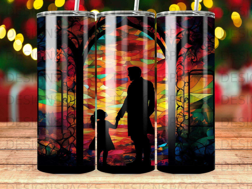 Silhouette of father and daughter holding hands against stained glass window.