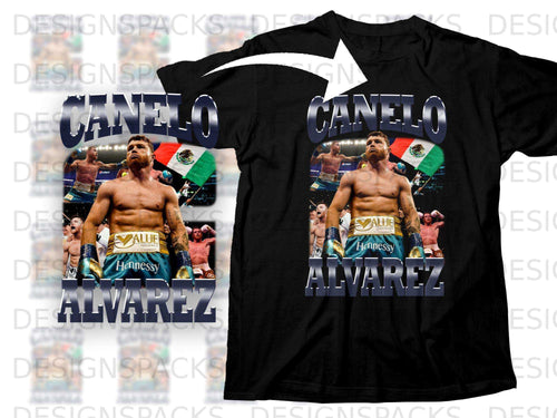 Black t-shirt featuring Canelo Alvarez in boxing gear with 