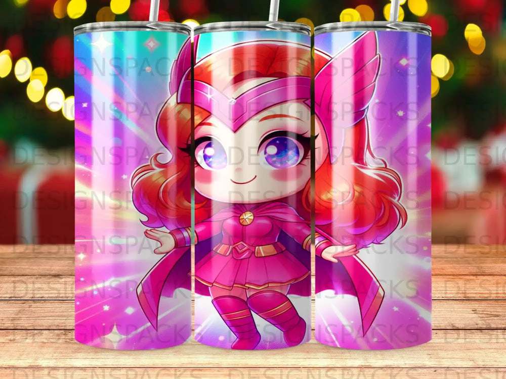 Scarlet Witch superhero character on a tumbler with colorful bokeh background.