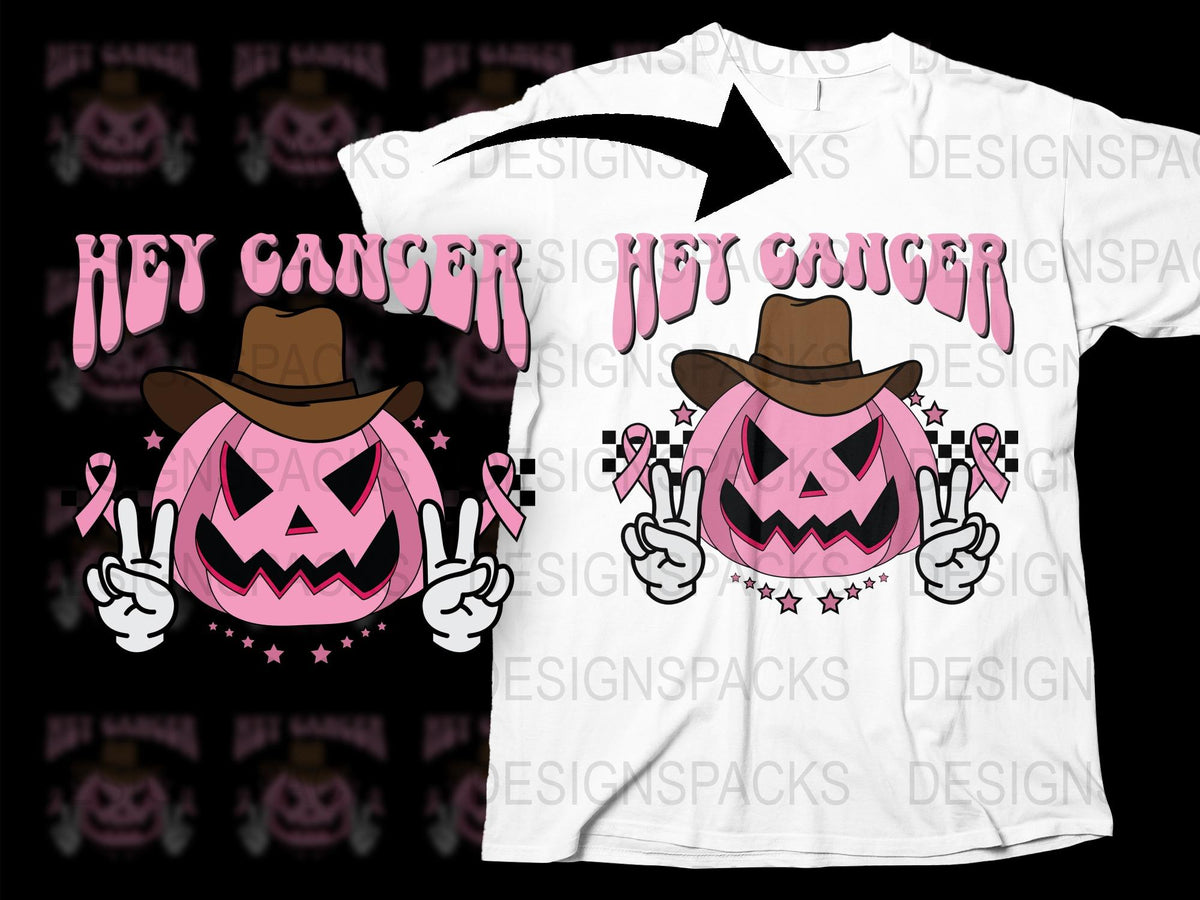 Hey Cancer Western Cowboy Pumpkin T-Shirt, Pink Ribbon Awareness Tee, Unisex Cancer Support Shirt