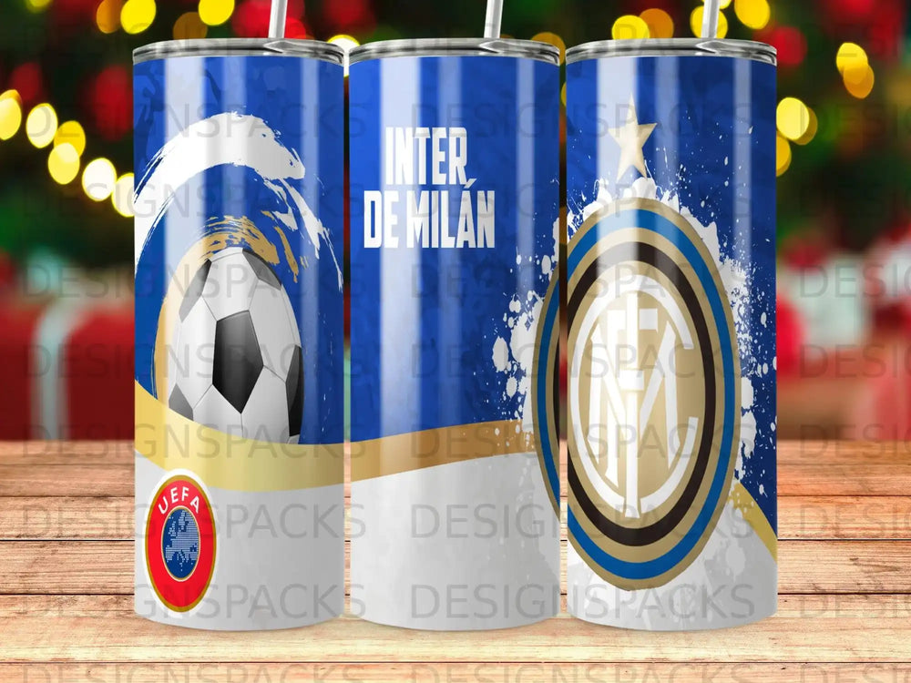 Inter Milan soccer club logo and text on three blue and gold tumblers.