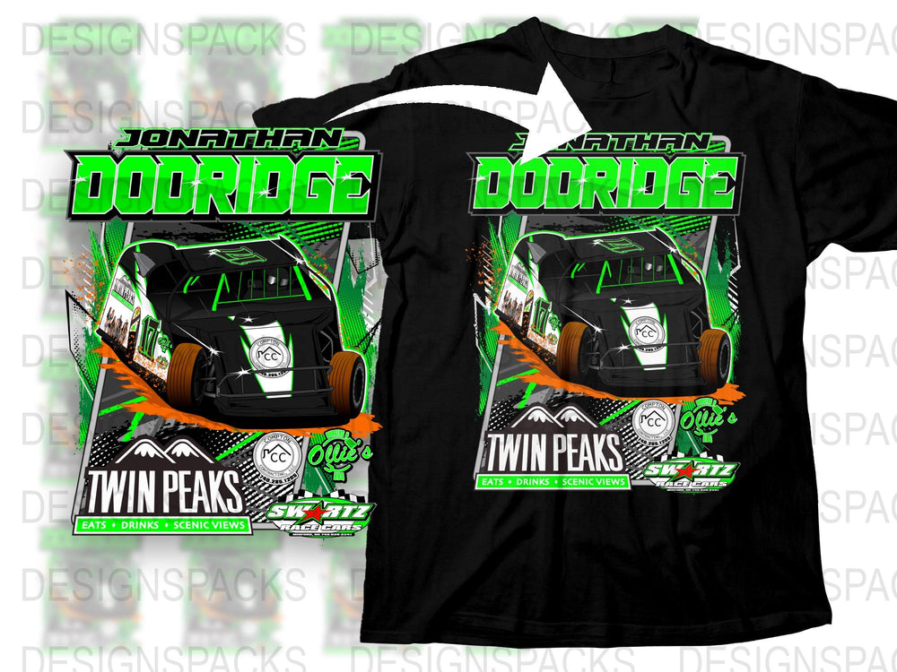 Jonathan Dooridge Twin Peaks Racing Car T-Shirt, Vibrant Green Graphic Tee, Motorsport Apparel