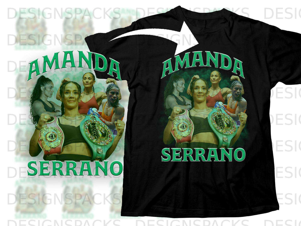 Amanda Serrano boxing t-shirt with her likeness and championship belts.