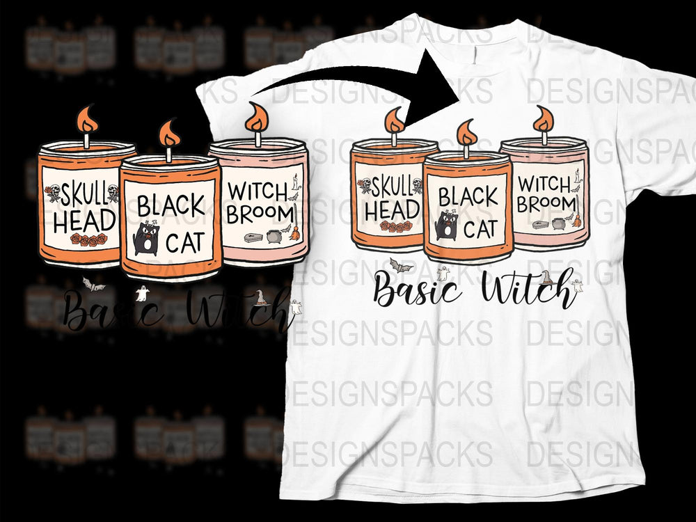 Halloween Candle Graphic T-Shirt, Spooky Basic Witch, Black Cat, Skull Head, Witch's Broom, Fun Holiday Tee