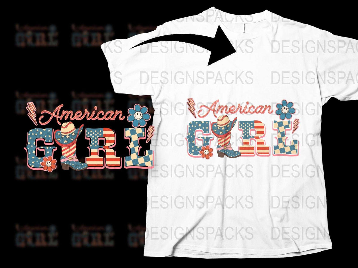American Girl Floral Patriotic T-Shirt, USA Flag Colors, 4th of July Women's Tee, Trendy Summer Casual Wear