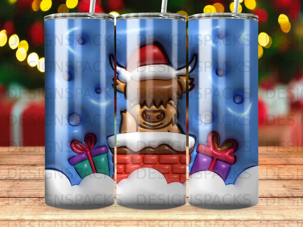 Cow in Santa hat on chimney with presents and festive background.