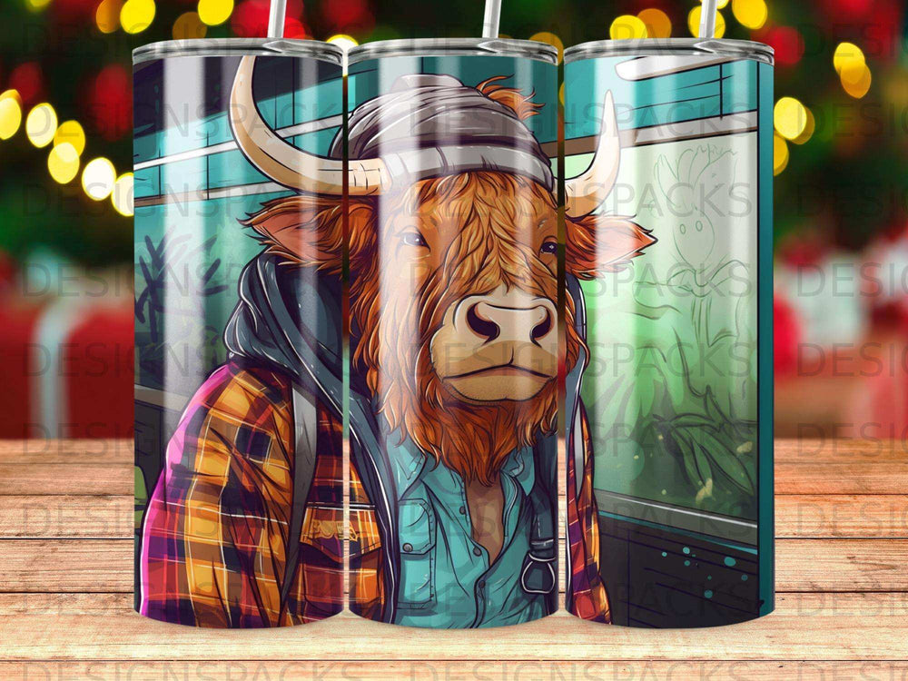 Cow wearing a plaid shirt and beanie, standing in an urban setting.