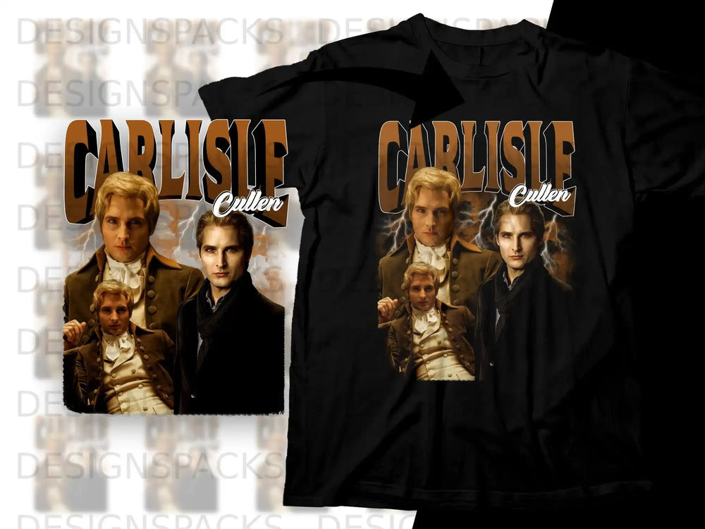Two black t-shirts with Carlisle Cullen's image and signature.