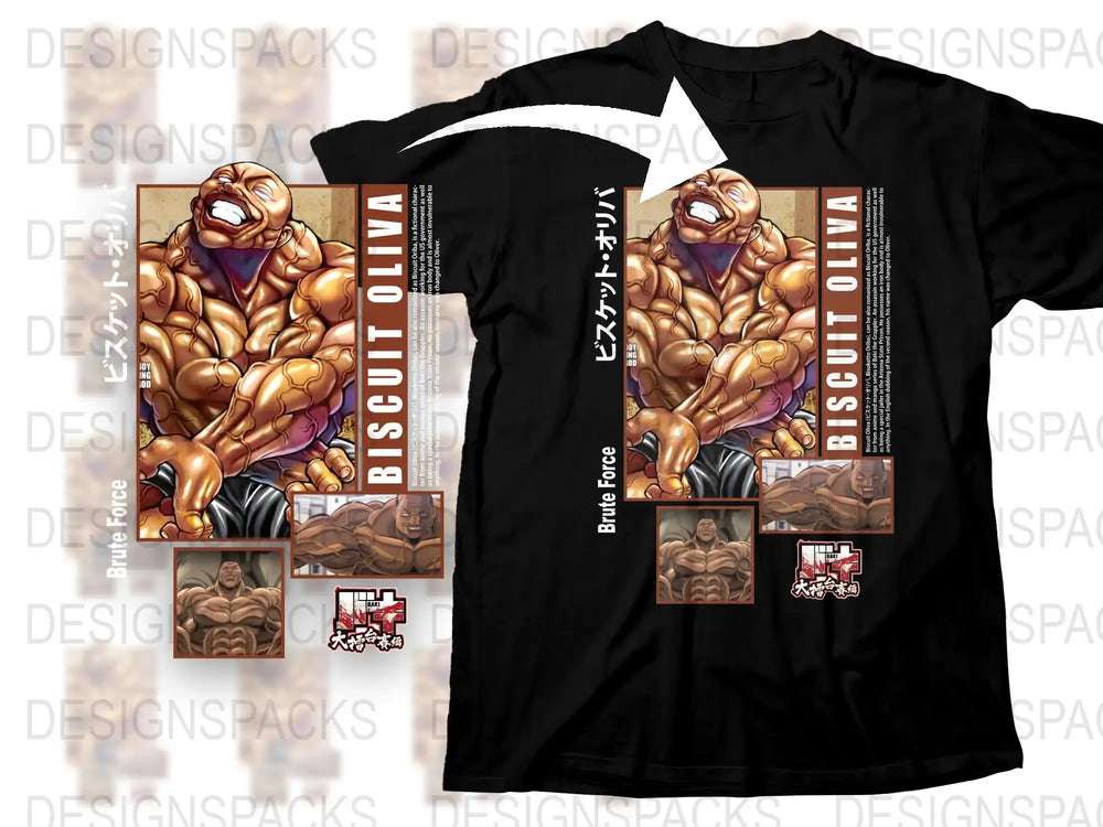 Biscuit Oliva Anime Graphic T-Shirt, Muscular Character Design, Breathable Cotton, Men's Fashion Black Tee
