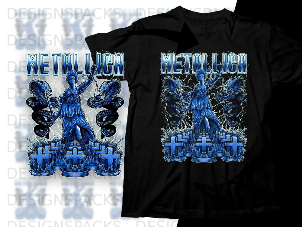 Metallica logo with Lady Justice, snakes, and crosses on a blue lightning background.