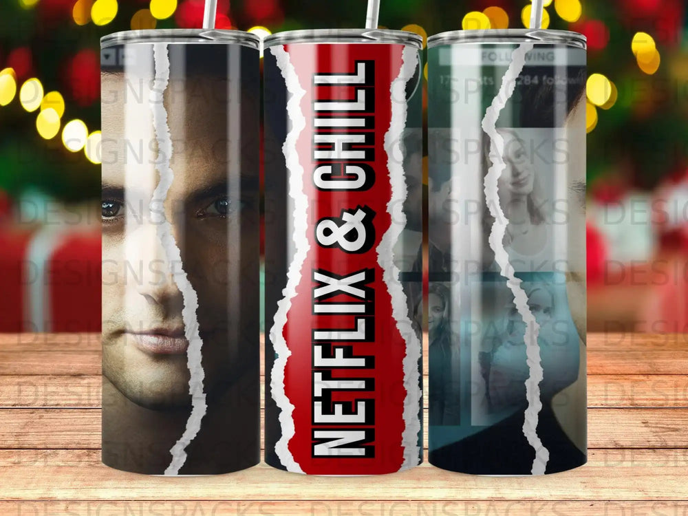 Tumbler with "Netflix & Chill" text and fragmented portraits.