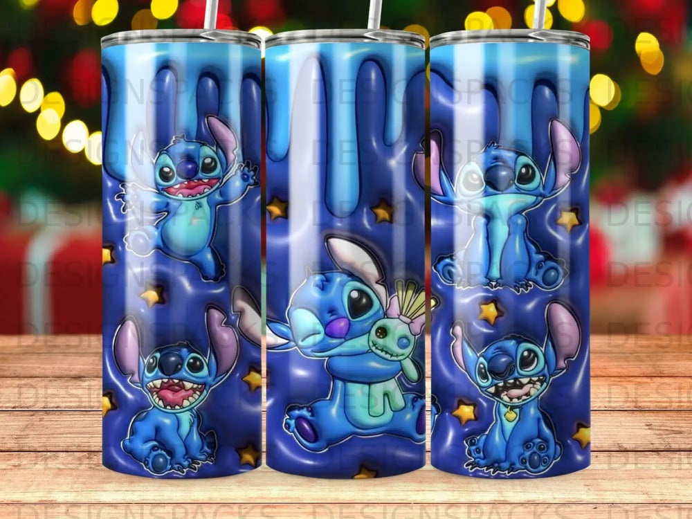 Stitch from Lilo & Stitch holding a doll, surrounded by stars.