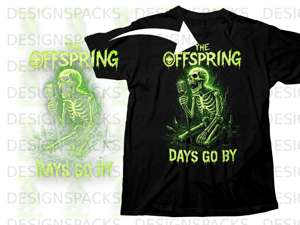 Black t-shirt with The Offspring logo, skeleton with microphone, and "Days Go By" text.