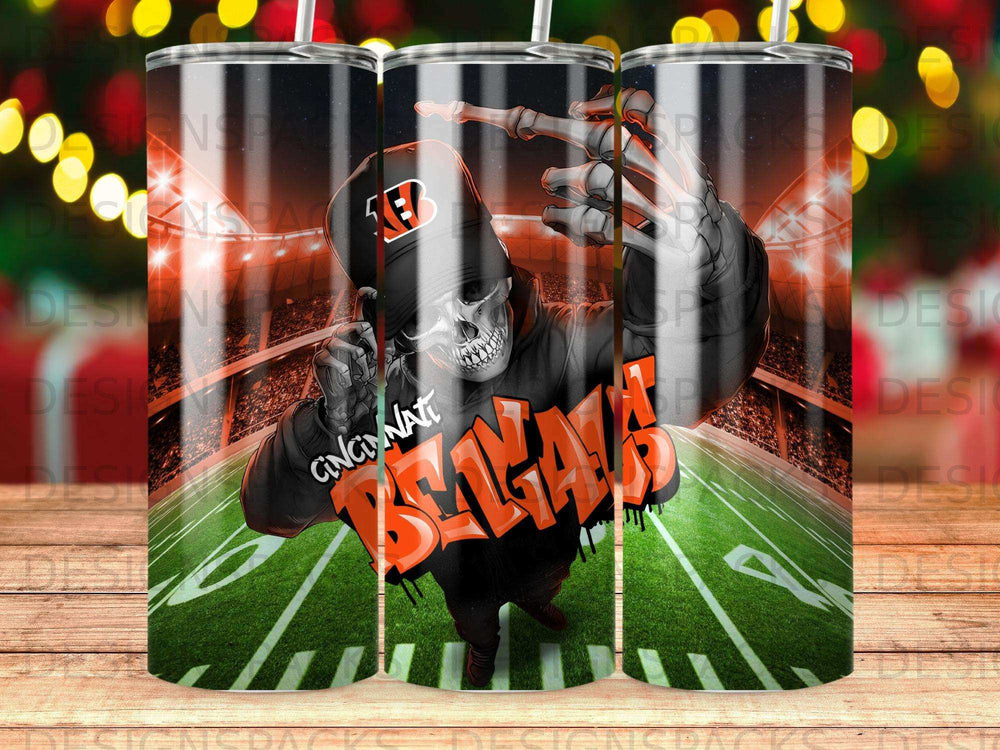 Cincinnati Bengals skull with arms outstretched on a football field.