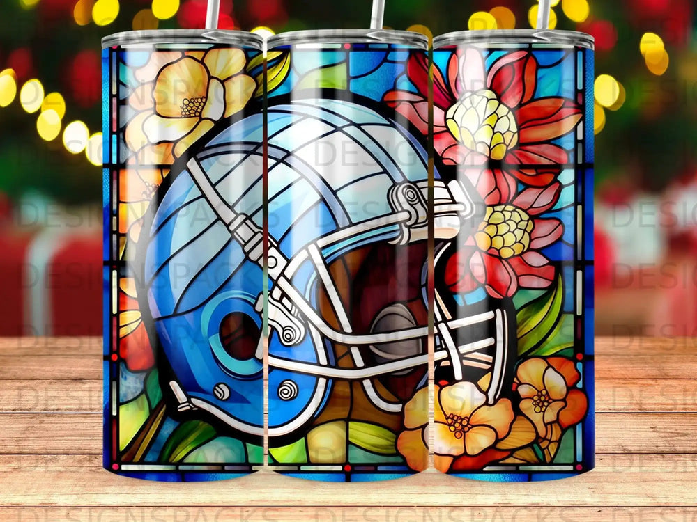 Stained glass football helmet with floral accents.