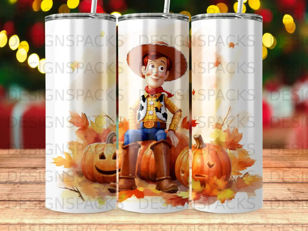 Woody from Toy Story sitting on a pumpkin with autumn leaves.