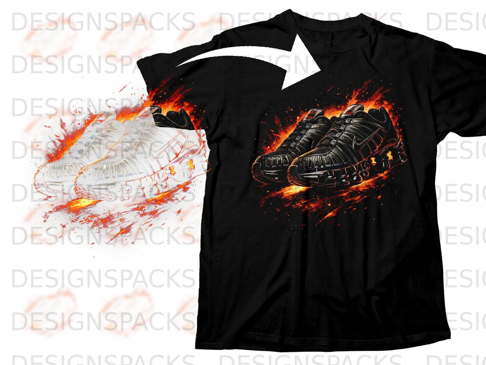 Black t-shirt with a graphic of black sneakers on fire.