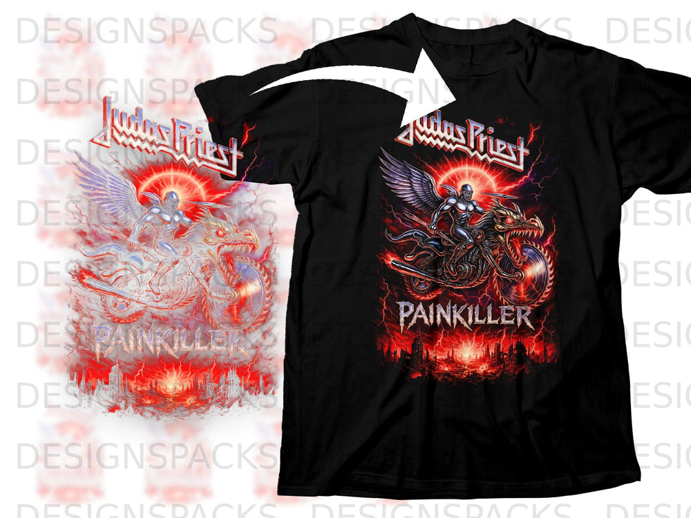 Black t-shirt with Judas Priest Painkiller graphic featuring winged figure and dragon.