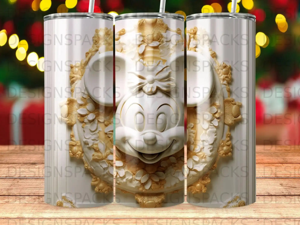 Minnie Mouse bas-relief on a white tumbler with a repeating watermark.