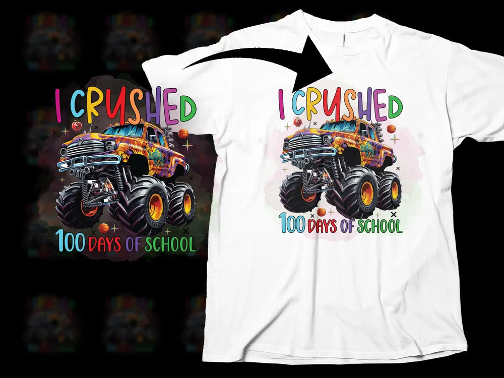 Kids Monster Truck T-Shirt, I Crushed 100 Days of School, Colorful Boys Graphic Tee, Fun School Celebration Shirt