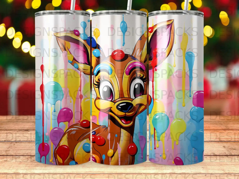 Cartoon deer with colorful spots and colorful balloons.