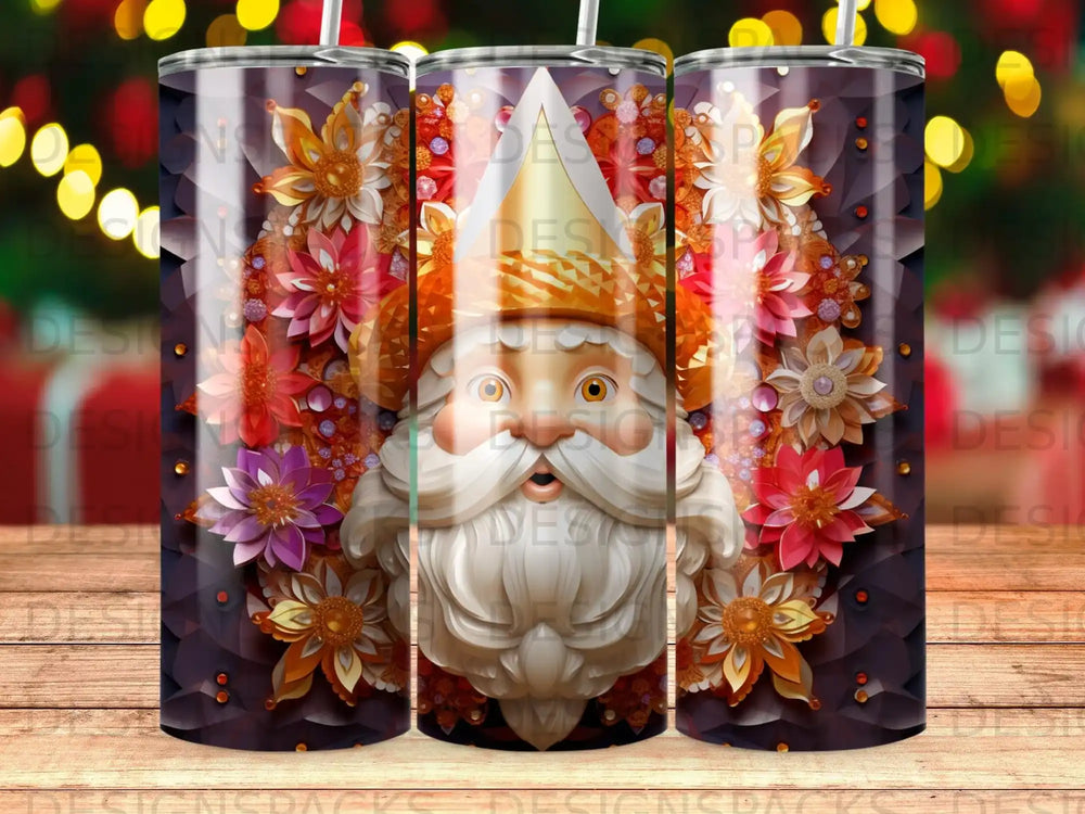Santa Claus with floral accents on a patterned tumbler.