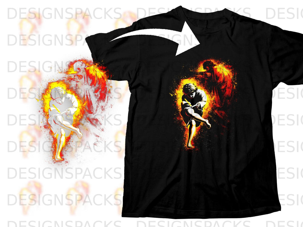 Black t-shirt with abstract fire graphic featuring a seated figure and a standing figure aiming.