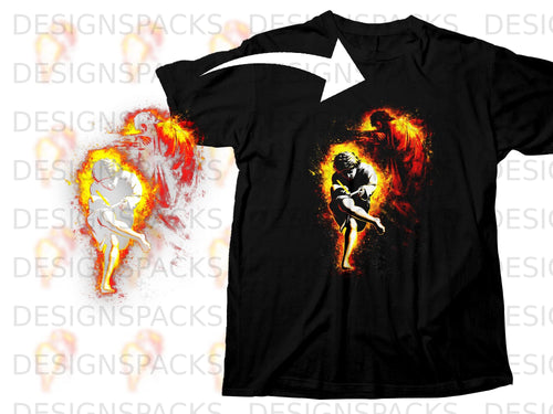 Black t-shirt with abstract fire graphic featuring a seated figure and a standing figure aiming.