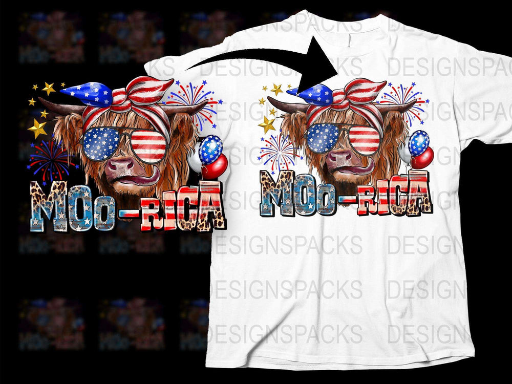 Patriotic Highland Cow T-Shirt, Moo-Baa USA Flag, Fireworks Graphic Tee, 4th of July Outfit, Unisex