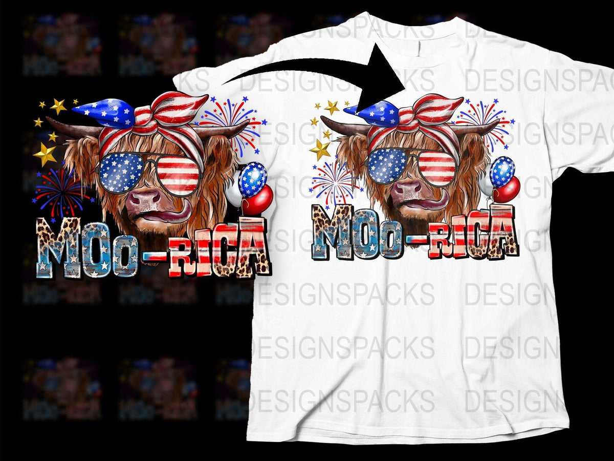 Patriotic Highland Cow T-Shirt, Moo-Baa USA Flag, Fireworks Graphic Tee, 4th of July Outfit, Unisex