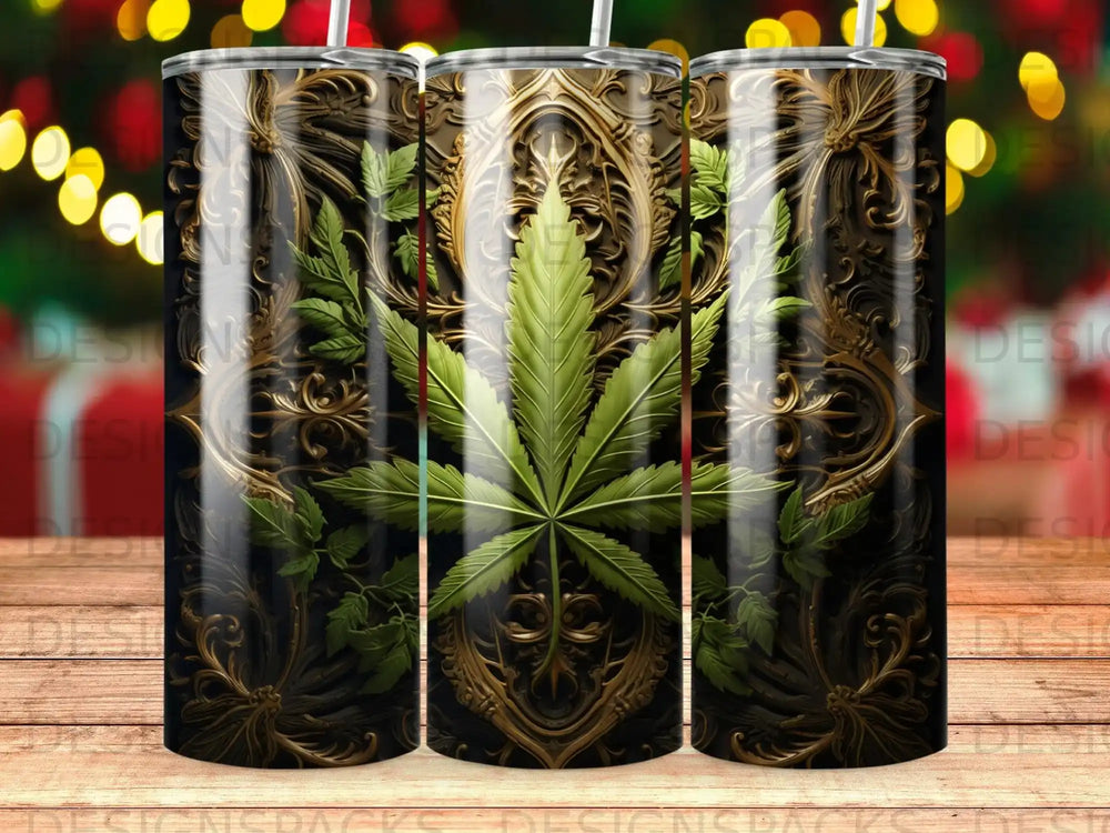 Cannabis leaf on ornate gold and black patterned tumbler.