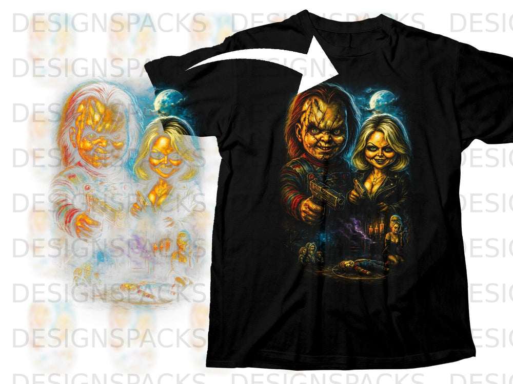 Chucky and Tiffany dolls in a horror scene on a black t-shirt.