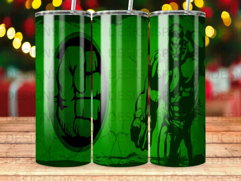 Hulk silhouette on a green tumbler with repeating "DESIGNSPACKS" watermark.