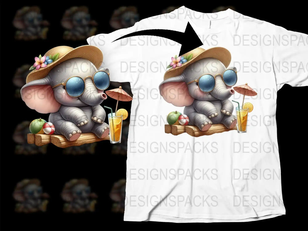 Cute Elephant T-Shirt, Cartoon Animal Drinking Juice, Summer Tee for Kids and Adults, Unique Graphic Design