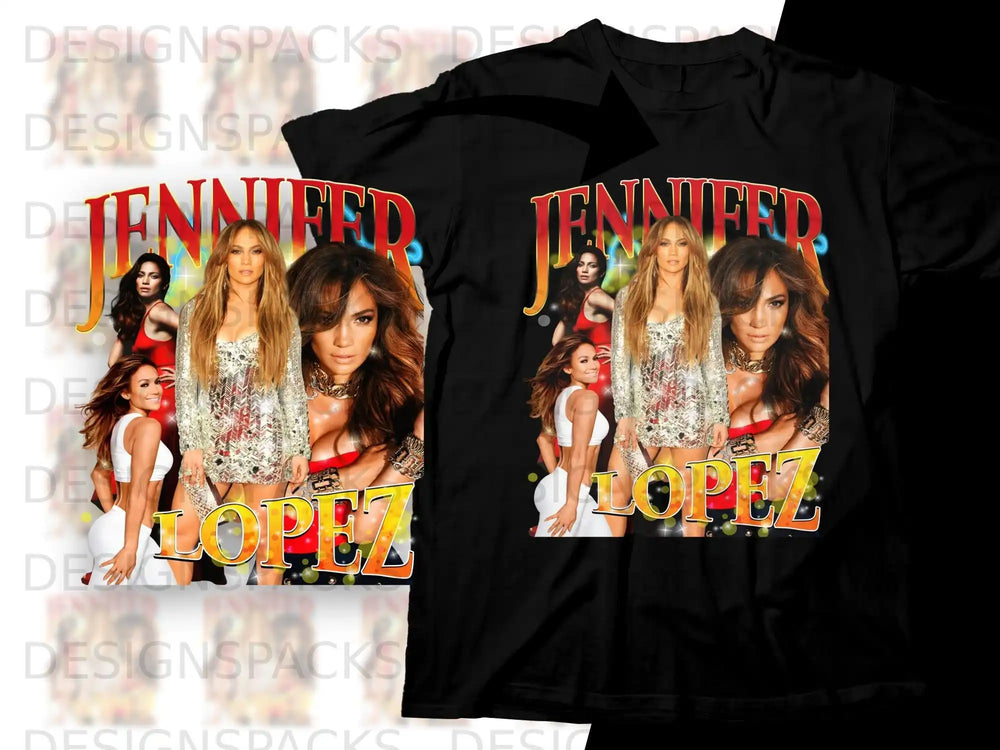 Jennifer Lopez on black t-shirt with glittery text.