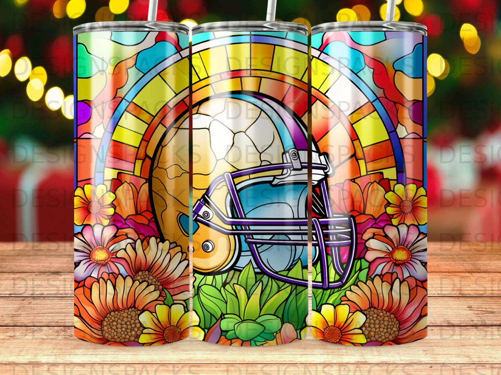 Football helmet with stained glass pattern and floral border.