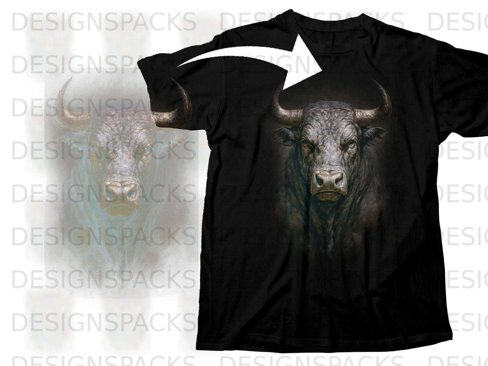Black t-shirt with a fierce bull's head graphic design on the front.