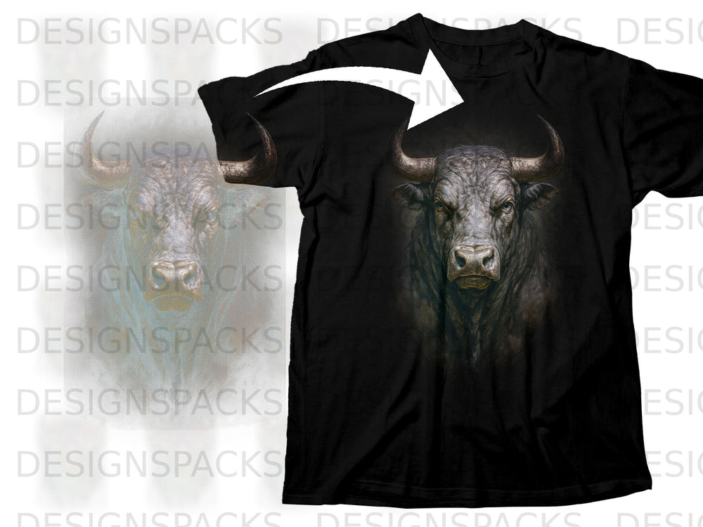 Black t-shirt with a fierce bull's head graphic design on the front.