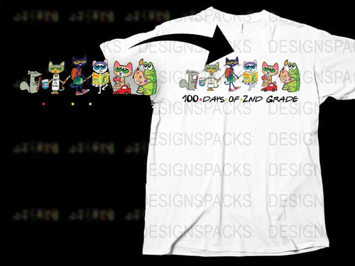 Colorful Cartoon Characters T-Shirt, 100 Days of 2nd Grade Celebration, Fun Kids Tee, Graphic Print Shirt for Children