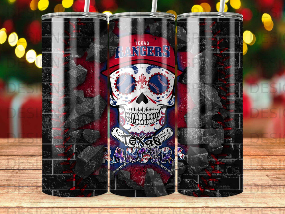 Texas Rangers skull tumbler with brick and distressed texture.
