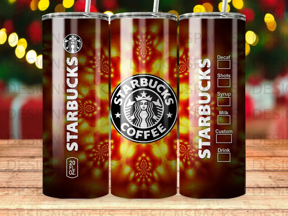 Starbucks tumbler with circular logo, coffee drink options, and red-orange floral background.