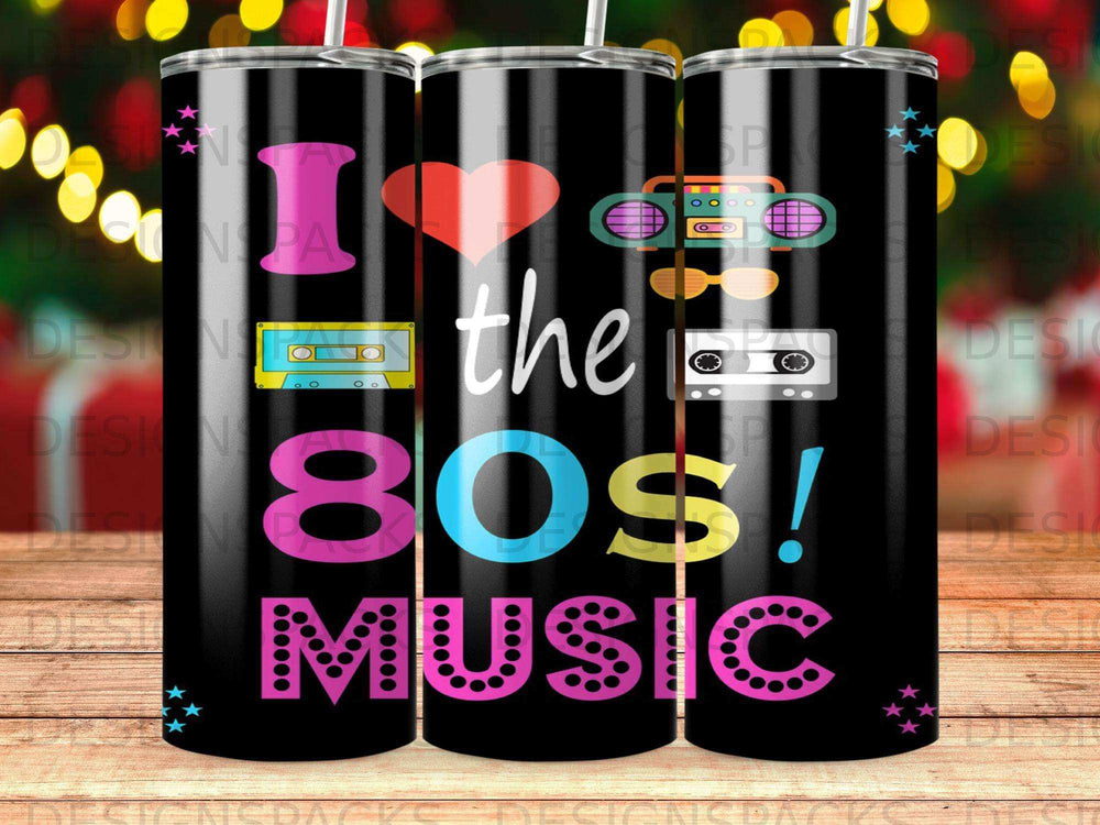 I love the 80s music graphic on a black tumbler with colorful 80s icons.