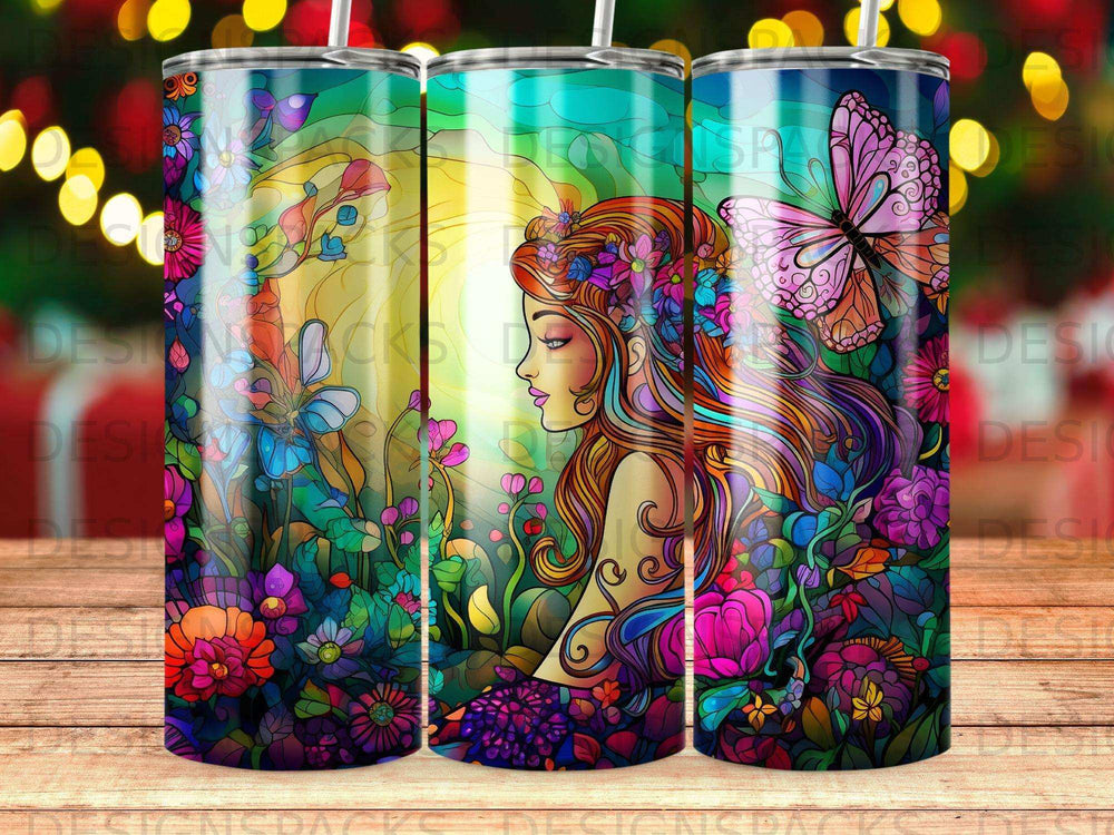 Woman with colorful flowers in hair, butterflies, and vibrant flora.