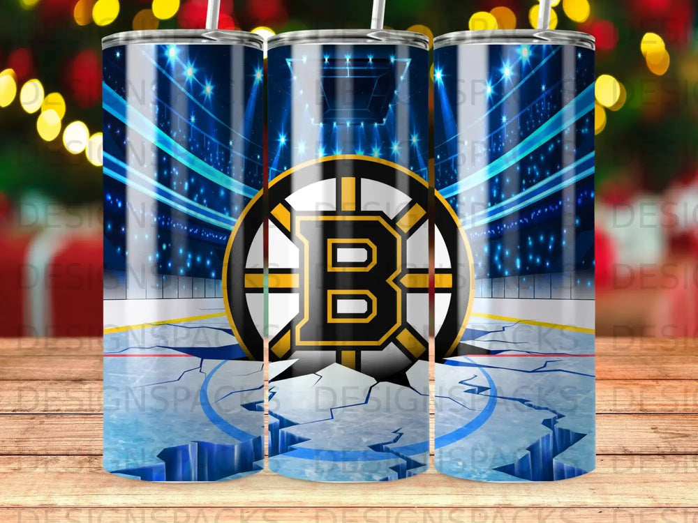 Boston Bruins logo on hockey rink with spotlights, three tumblers.