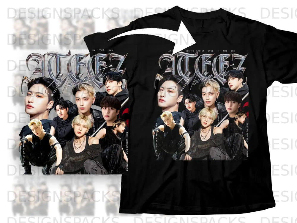 Black t-shirt with K-pop group ATEEZ and "THE WORLD EP.1: MOVEMENT" text.